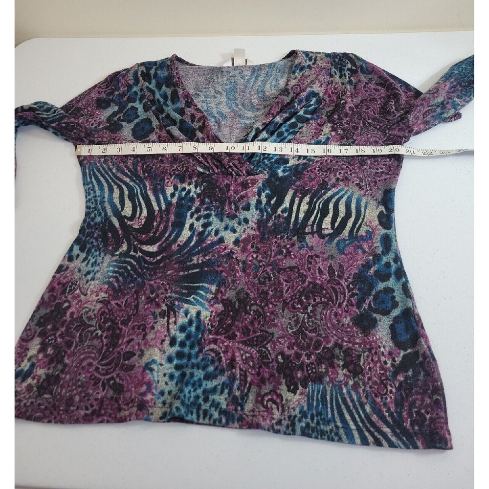 Christopher & Banks Top Animal Print Paisley Faux Wrap V-Neck Purple Teal Large - Picture 6 of 12